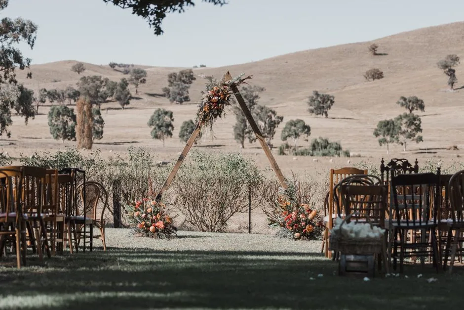 A ceremony arch standing at a treeline