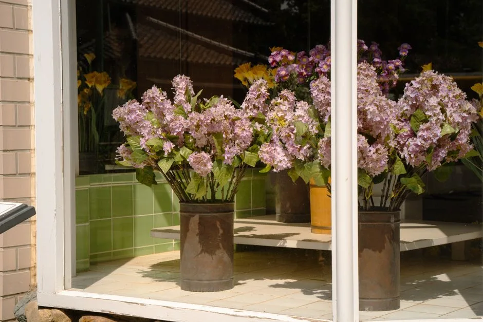 A floral installation in a shop window