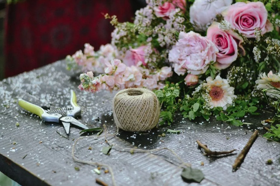 A florist's workbench mid-job